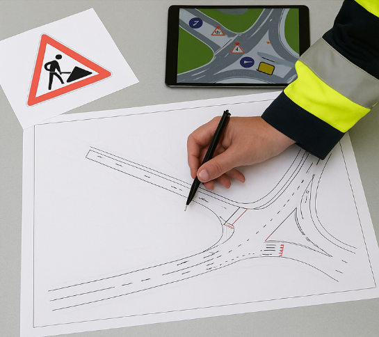 Mitarbeiter erstellt digitalen Verkehrszeichenplan am Computer